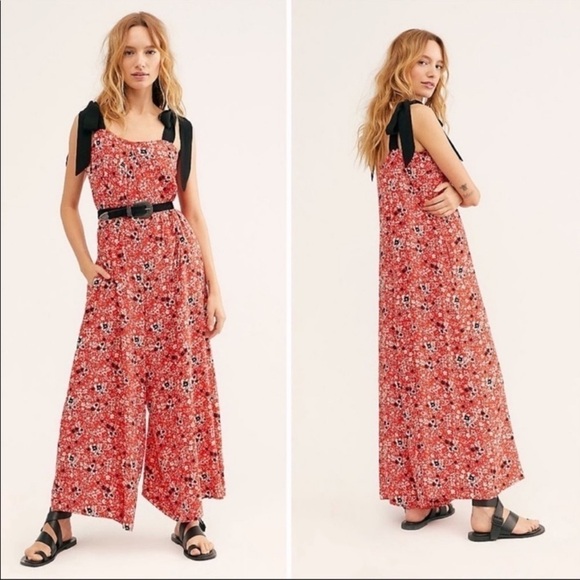 Free People Jumpsuit Cecilia Wide Leg Floral Tie Strap Bohemian Prairie Red S - Picture 1 of 15